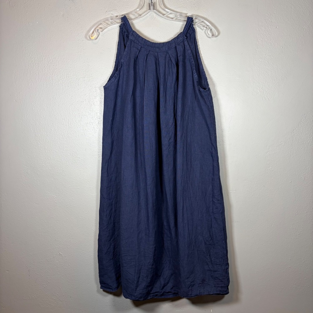 Ambro Italy Womens Navy Blue 100% Linen Sleeveless Tie Back Shift Dress Size M